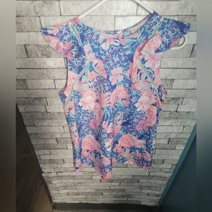 Charlie Paige pink & blue‎ floral ruffle  sleeveless top size Small